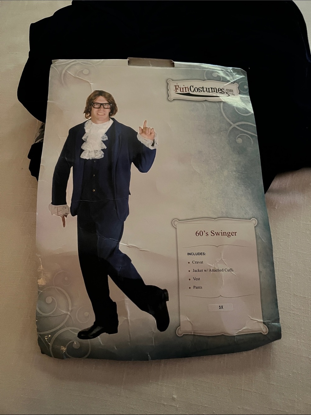 Men's 60s Swinger Navy Halloween Costume Suit with Vest and Cravat.